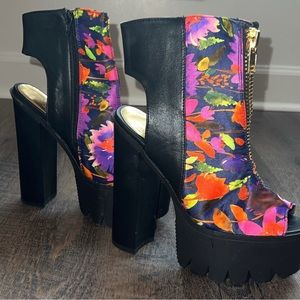 Multicolored floral print open-toed heel boots. New. Never worn.